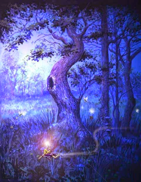Fantasy drawing in shades of blue of a forest with one large, older tree in the middle.  It has a large, prominent knot hole of the left side.  There are dragonflies and lightening bugs flying around in the tall grass.  Also flying through the grass is a blond faery in a purple, filmy dress and carrying a wand that glows.  