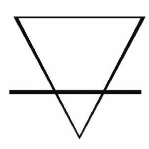 Earth symbol. Line drawing.  Equilateral triangle with point at bottom and a line through it about 1/3 of the way from the bottom.