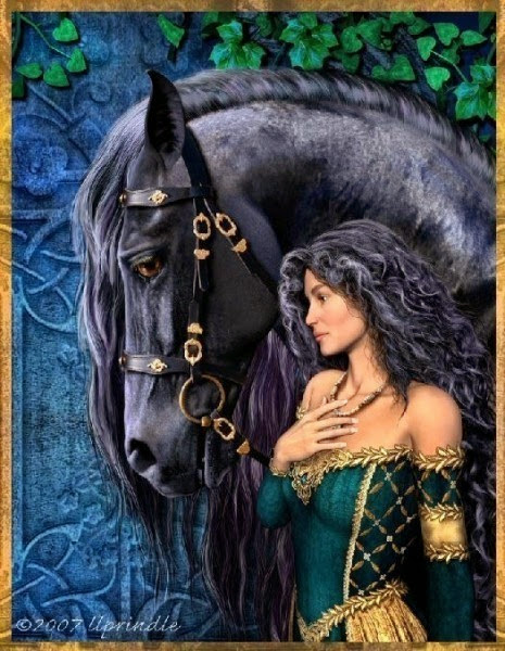 Fantasy drawing of a black and grey haired woman in a green and gold, off-the-shoulder gown.  She is looking off to the left. Behind her is a large, black horse with a black and gold bridal.  The horse appears to be looking at the woman.  They stand in front of a carved stone wall with ivy across the top.