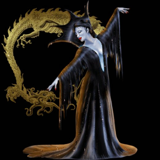 White-skinned woman in a black dress that floods the around her feet.  There is a large, standup collar on the dress that is taller than her head.  The sleeves have wispy, strips of fabric hanging from them, and her arms are outstretched.  Her hair is black and she has bright, red lips.  A golden dragon fills the background.