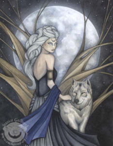 Fantasy drawing of a woman with long, gray hair in a large braid and wearing a dress of dark grey with a blue wrap.  She is petting a gray wolf. There is a tree without leaves behind her and all is backed up by a large, full moon.