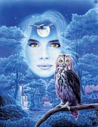 Fantasy drawing in mostly shades of blue.  It is a forest scene with waterfalls in the background and a tree branch with an perched on it in the foreground.  In the middle is a beautiful, young woman staring at the observer with her intense, yellow eyes.  In front of her forehead is a full moon with another owl in flight in front of the full moon.