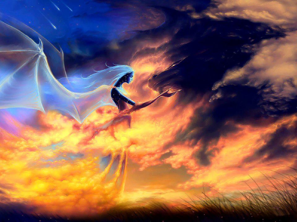 Fantasy art with yellow and orange clouds on the left and dark clouds on the right.  A transparent faery reaches across the sky, wings out-stretched and hands extended.